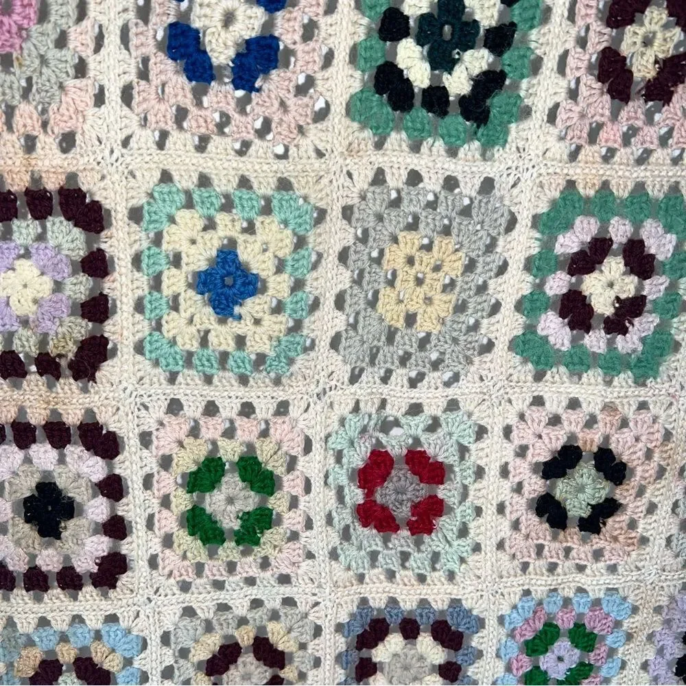 Vintage Afgani Crochet Grandma Square Blanket Throw Quilt Multicolor Handmade